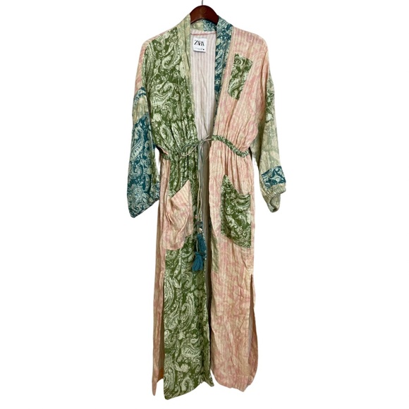 NWT ZARA The Celia Printed Kimono Tassel Side Slits Patch Pockets Oversize Sz S - Picture 4 of 16